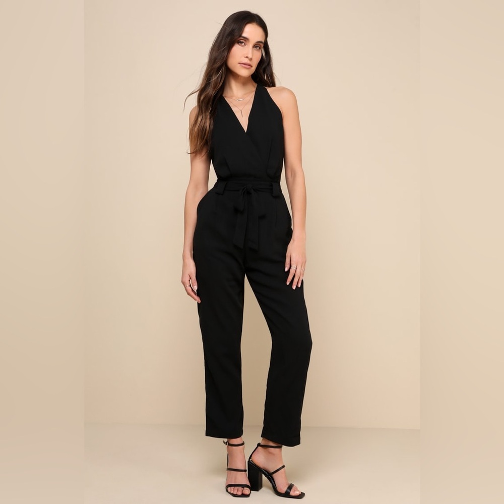 Lulus In the City Black Surplice Sleeveless Jumpsuit Large